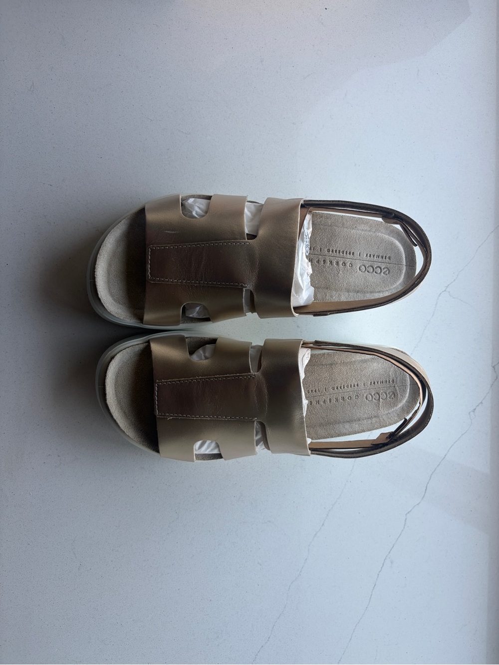 Ecco Beige and Brown Leather Slide Sandals